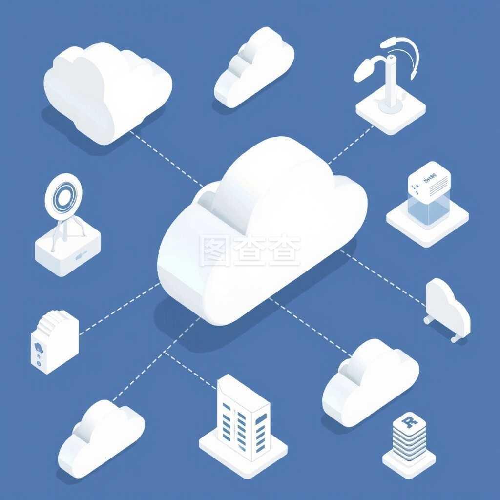 虛線(xiàn)矢量圖連接的云計(jì)算基礎(chǔ)設(shè)施元素 大圖標(biāo)的云服務(wù)等距組合解析